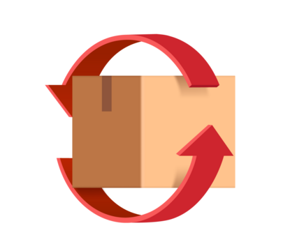 red arrow rotates around parcel box or cardboard box to represent recycling of paper or to signify that parcel box is being returned to sender ,png 3d transparent