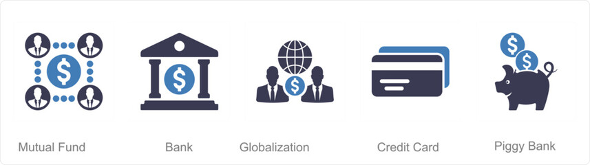 A set of 5 Finance icons as mutual funds, bank, globalization