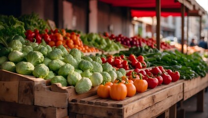Fototapeta na wymiar fresh vegetables on a wooden stand of a city market