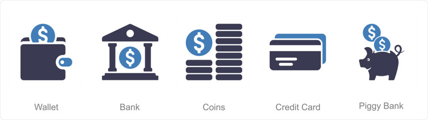 A set of 5 Finance icons as wallet, bank, coins