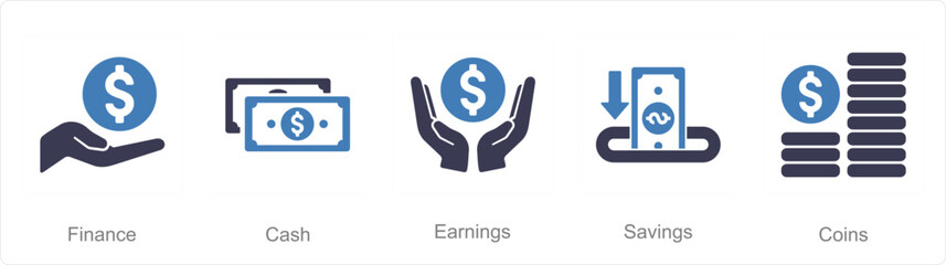 A set of 5 Finance icons as finance, cash, earning