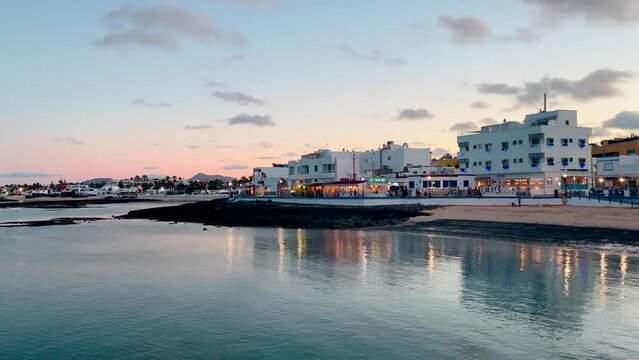 Early evening view of Corralejo waterfront and town beach Corralejo Fuerteventura, Canary islands, Spain.