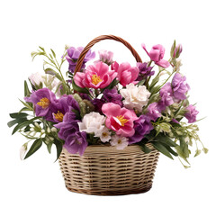 Fresh attractive flowers in wicker basket isolated on transparent background