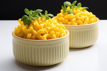 Mac and cheese in a white bowl on white background