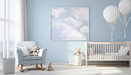 A photo mockup of a wall has one picture with a ratio of 2: 3, the room is a children's nursery in light blues colours --ar 7:4 --stylize 50 --v 5.2 Job ID: 4526f289-809e-4ac9-a679-36d30ee1c099
