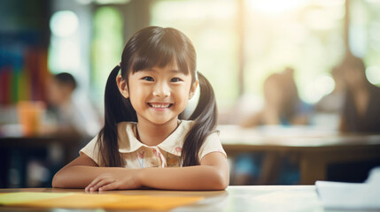 portrait of a smiling asian school girl sitting in front of school desk on a blurred classroom background with classmates - obrazy, fototapety, plakaty