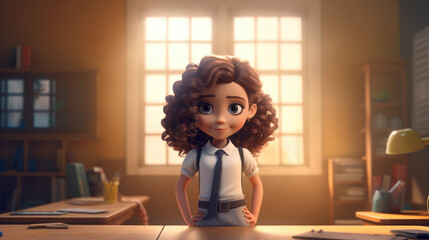 cartoon 3D illustration of schoolgirl in uniform posing in the classroom in the school - obrazy, fototapety, plakaty