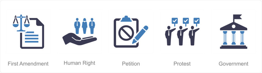 A set of 5 Freedom of Speech icons as first amendment, human right, petition