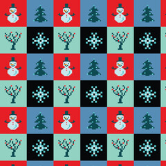 new year winter seamless vector pattern. Pixel snowman and trees