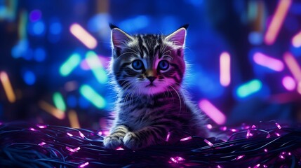 Image of small cat surrounded by cyber neon light effects.