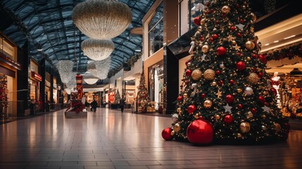Image of the shopping center is beautifully decorated for the Christmas season.
