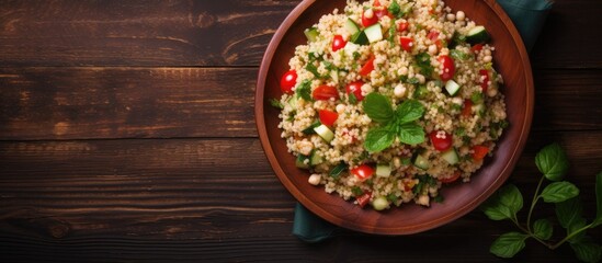 Top view of couscous tabbouleh salad in red bowl on rustic table.
