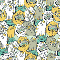 Gamer cats seamless pattern. Cartoon cat character with gamepad. Cats with gamepads.