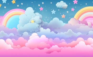 Kawaii Fantasy Pastel Colorful Sky with Clouds and Stars Background in a paper cut and paste style.
