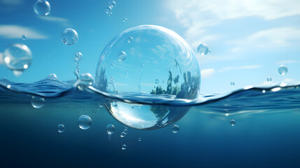 Crystal Sphere Reflecting Nature Underwater with Air Bubbles - obrazy, fototapety, plakaty