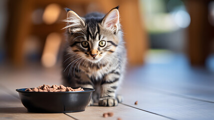 Tabby Kitten Eating From Bowl on Wooden Floor