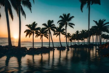 Fototapeta na wymiar palm trees and ocean around evening time