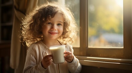 Image of little girl joyfully drinking milk from a cup.