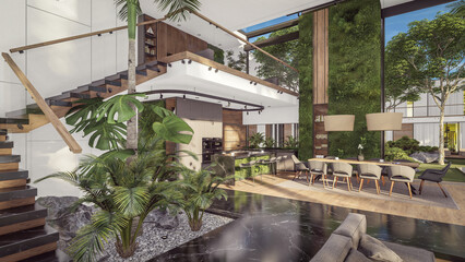 Fototapeta premium 3d rendering of expensive cozy interior with green walls with living dining zone stair and kitchen for sale or rent. Spacious apartments with expensive furniture, equipment and flowers