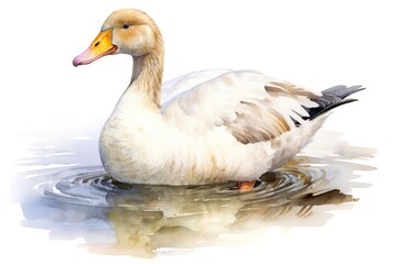 watercolor goose in the water with splashes on white background