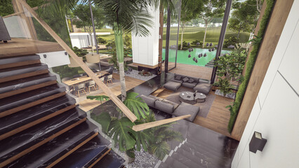 3d rendering of expensive cozy interior with green walls with living dining zone stair and kitchen for sale or rent. Spacious apartments with expensive furniture, equipment and flowers