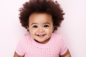 Naklejka premium Cheerful little girl in colorful pajamas, radiating joy and innocence with a captivating, happy smile.