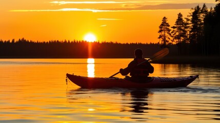 Tourist sails kayak along calm lake at gentle sunrise light. Sportsman enjoys solitude kayaking with paddles on tranquil river. Traveler discovers wild nature on small vessel during inspiring vacation