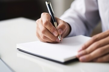 Man writes on empty notebook page with pen sitting at table in room closeup. Student hands with writing tool on blank organizer at wooden desk. Marking notes about creative ideas concept