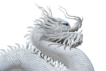 Chinese white dragon statue isolated on transparent background, PNG File