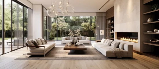 Foto op Plexiglas Stunning luxury home with a beautiful, vertical living room featuring hardwood floors, a fireplace, and a large light fixture. © AkuAku