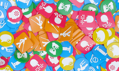 Disability signs on plastic cubes and circles. 3D Rendering.