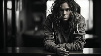 Image of depressed woman on a dark background. - obrazy, fototapety, plakaty
