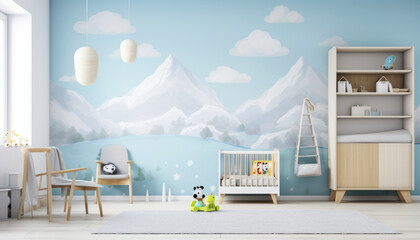 A photo mockup of a wall has one picture with a ratio of 2: 3, the room is a children's nursery in light blues colours --ar 7:4 --stylize 50 --v 5.2 Job ID: 62709fb0-3986-4175-badb-10676bc195c4