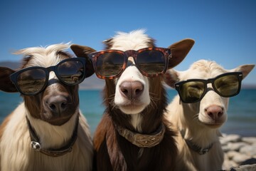  a group of dogs wearing sunglasses standing next to each other on top of a rock covered beach in front of a body of water.