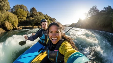 Poster Emotional young woman makes selfie sailing boat with friend on river closeup. Happy tourists travel by small vessel along stream in forest. Smiling travel blogger records video of extreme journey © Stavros