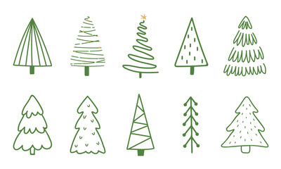 Collection of Christmas trees in green color. Hand drawn illustrations