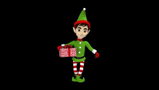 Christmas elf dancing with gift box and bottle of booze - 3d render looped with alpha channel. 