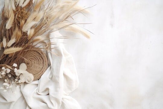 straw weaved hat with dry leaves and wild flowers. Bohemian background, boho flat lay composition