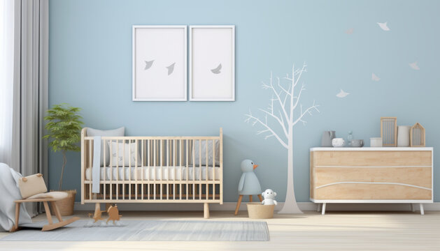 A photo mockup of a wall has one picture with a ratio of 2: 3, the room is a children's nursery in light blues colours --ar 7:4 --stylize 50 --v 5.2 Job ID: a096cb0d-d6c9-41ca-867a-fedb0e236b2d