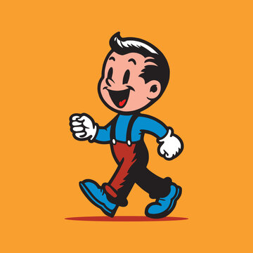 Vector illustration of a retro cartoon character walking with a cheerful expression, wearing gloves, suspenders, and boots on an orange background