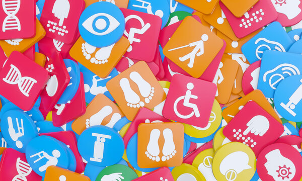 Disability signs on plastic cubes and circles. 3D Rendering.