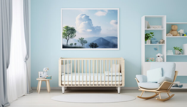 A photo mockup of a wall has one picture with a ratio of 2: 3, the room is a children's nursery in light blues colours --ar 7:4 --stylize 50 --v 5.2 Job ID: d2642041-c92b-4904-a74b-aded7513748e