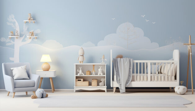 A photo mockup of a wall has one picture with a ratio of 2: 3, the room is a children's nursery in light blues colours --ar 7:4 --stylize 50 --v 5.2 Job ID: da9de174-9a01-415f-ab2a-a4994a432039