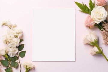 Obraz na płótnie Canvas Minimal empty paper card mock up with white flowers.