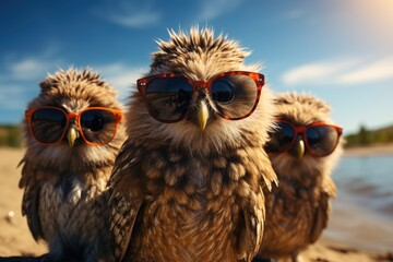 Fototapeta premium a group of three owls wearing sunglasses on top of a sandy beach with a body of water in the background.