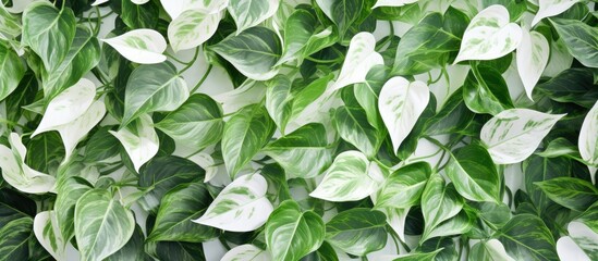 The foliage of the Marble Queen Pothos is white and green with variegated leaves.
