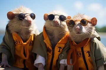  two rat mice wearing sunglasses and vests sitting next to each other in front of a body of water with a blue sky in the background.