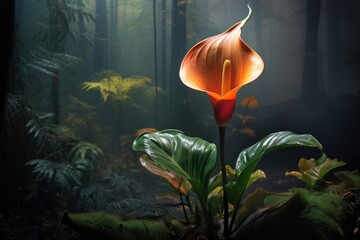 a large orange flower sitting in the middle of a forest filled with lots of green plants and tall green leaves. - Powered by Adobe