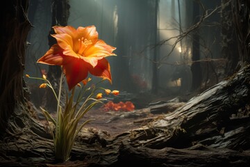  a large orange flower sitting in the middle of a forest filled with lots of leaves and flowers on...