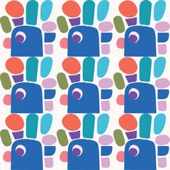 Cute scandi kids monster graphic design doodle seamless vector pattern. Colorful creature in bright happy playful endless wallpaper. Minimalist gender neutral art illustration.